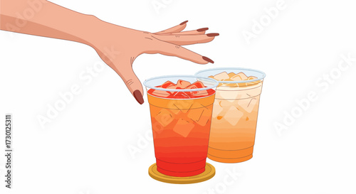 A woman's hand with manicured nails reaches for a glass of red iced tea next to another glass of Thai iced tea.