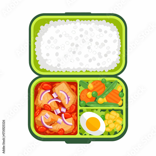 A vibrant green lunchbox filled with a balanced meal, including rice, chicken with sauce and onions, mixed vegetables, a hard-boiled egg, and corn.