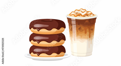 A stack of three chocolate donuts on a white plate next to an iced caramel coffee drink with whipped cream and drizzle.