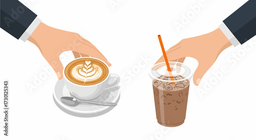 Two hands in business suits holding a hot cappuccino with latte art and a cold iced coffee in a plastic cup.