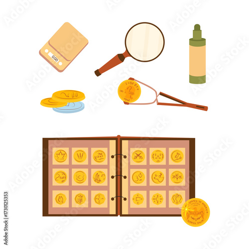 Collecting coins a hobby of numismatics with magnifying glass, digital scale, and coin album