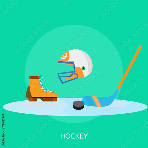 Ice Hockey Equipment and Puck on Ice Surface - Sports Illustration