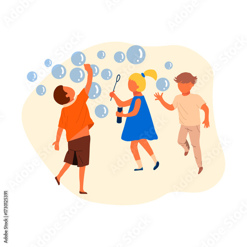 Joyful children playing with bubbles on a warm day, a scene of innocent fun and outdoor activity