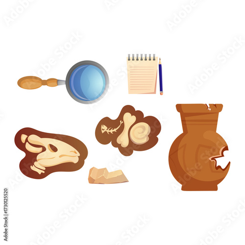 Set of archaeological excavation discovery icons for history and science research
