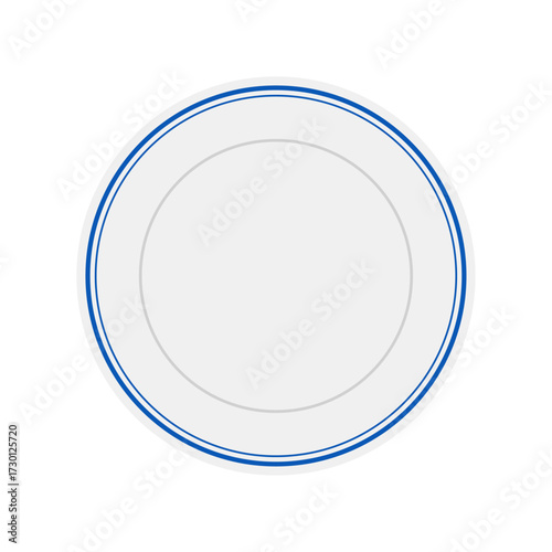 Clean white plate with blue rim, isolated on a white background, simple and elegant design