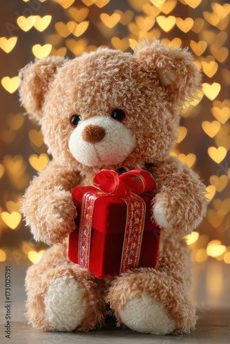 Teddy Bear with Gift: A cuddly teddy bear is holding a beautifully wrapped gift with a ribbon bow, set against a warm backdrop of softly blurred heart-shaped bokeh.