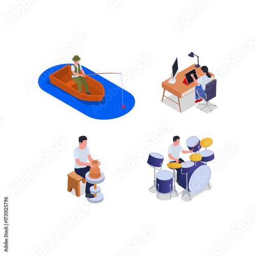 Diverse Hobbies and Leisure Activities in Isometric Style - Fishing, Pottery, and Music