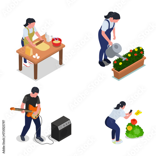 Set of isometric illustrations depicting people engaged in various hobbies and activities