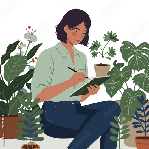 Woman in plants takes notes in a notebook. Illustration in a simplified flat style