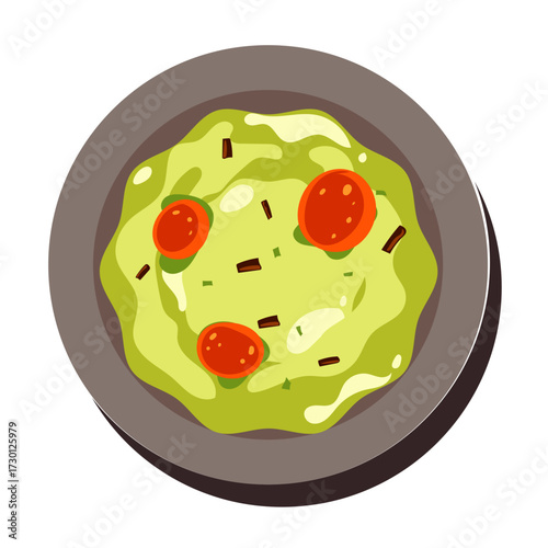 A top-down view of a vibrant green soup with cherry tomatoes and herbs in a bowl
