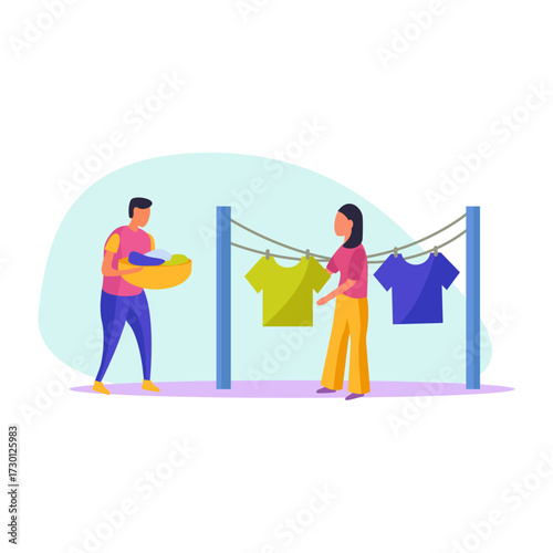 Couple Hanging Laundry on Clothesline Outdoors in Casual Attire