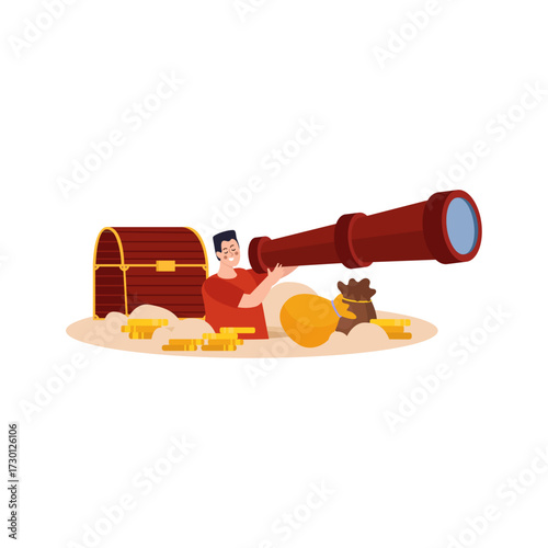 Man with Spyglass Searches for Treasure Chest Filled with Gold Coins
