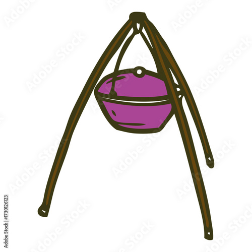 Simple Camping Pot Hung Over A Tripod Frame For Cooking Over A Fire