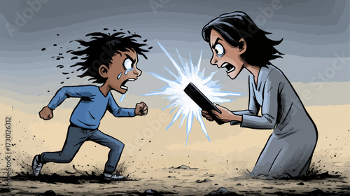 Emotional conflict between child and adult with device digital illustration