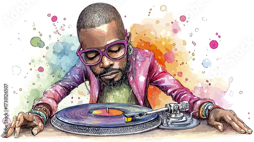 Dj illustration with headphones and turntable digital art