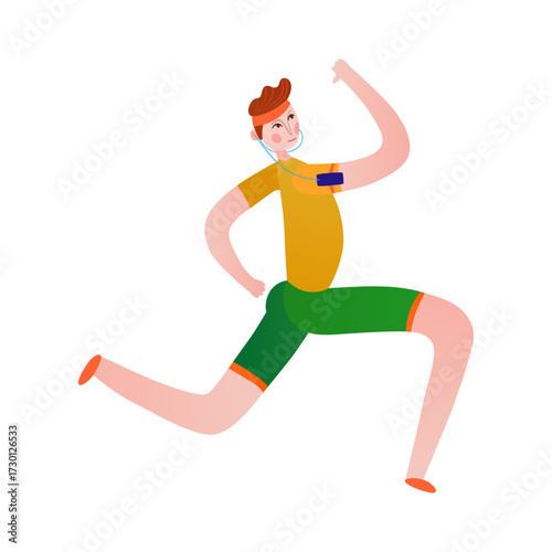 Energetic man running with arm up in the air, wearing headphones and armband