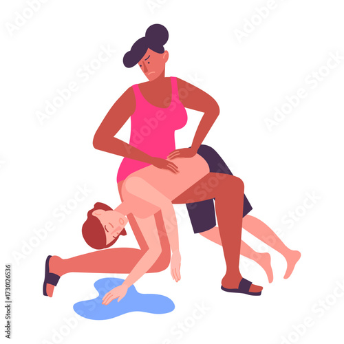 Person performing CPR on someone lying down with liquid spilled around them, illustrating emergency medical assistance and recovery