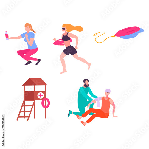 Lifeguard assistance and rescue from a pool and beach scene with medical aid