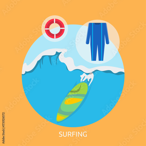 Surfing Lifestyle Elements Featuring Waves, Surfboard, Wetsuit, and Lifebuoy