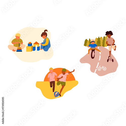 Children enjoying playtime outdoors and indoors with toys, sports, and outdoor activities