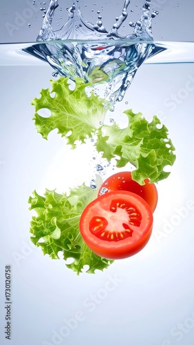 Fresh lettuce and tomato slices submerged in water, creating a dynamic splash