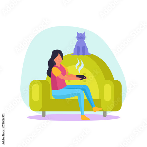 Cozy evening with a cup of hot beverage and a feline companion relaxing in a chair