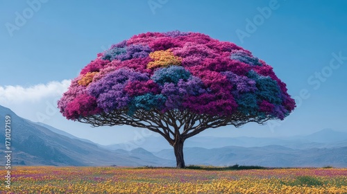 Human brain tree blooming for self care concept. Vibrant tree blooms in a colorful landscape with mountains.