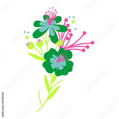 Vibrant abstract floral illustration with bright green and pink blossoms on white background