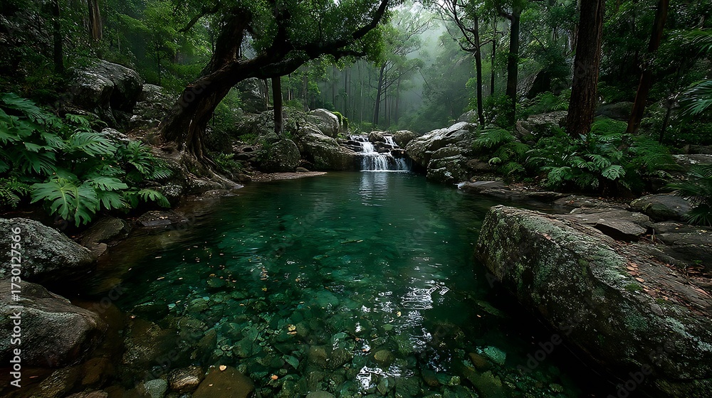 Fototapeta premium Lush rainforest scenery with waterfall high resolution image