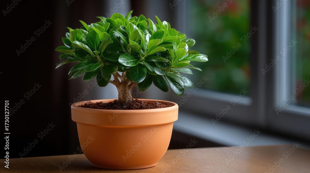 Fototapeta premium Human brain tree blooming for self care concept. A vibrant green bonsai plant displayed in a decorative pot.