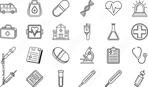 Hospital, Ambulance, DNA, Pills, Syringe, Stethoscope, Microscope, First Aid Kit, Thermometer, Report, Injection, Emergency Bell, Vaccine, Laboratory Flask, and Medical Cross Line Icons on White Backg