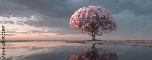 Human brain tree blooming for self care concept. Beautiful cherry blossom tree reflecting in tranquil water at sunset.