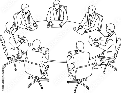 A minimalistic circular meeting setup featuring seven outlined figures around an oval table