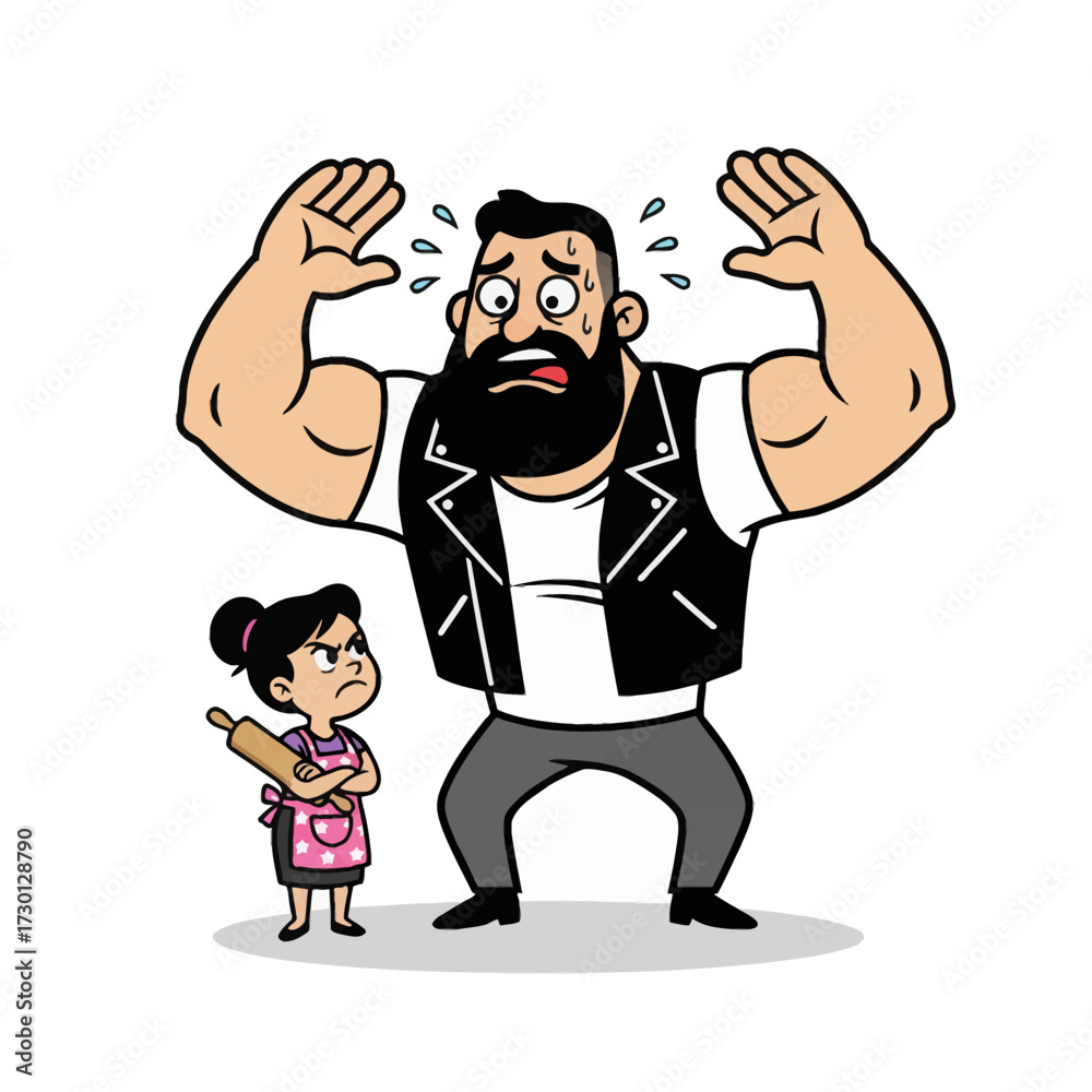 Fototapeta premium Muscles vs. Marriage A pitiful expression on a muscular man contrasted with his stern, tiny wife. Bold, unique flat stock vector for familydomination humor.