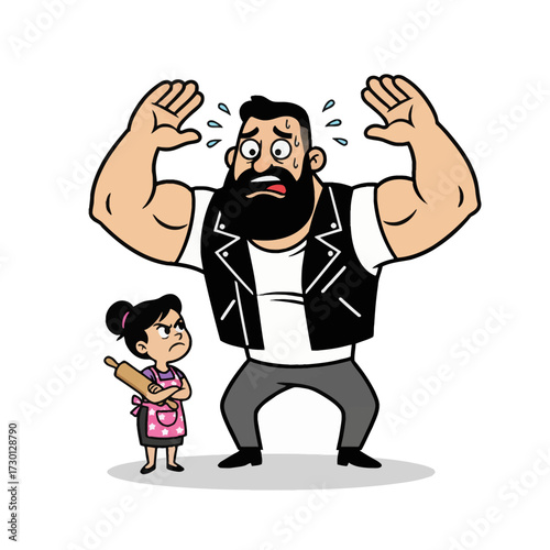 Muscles vs. Marriage A pitiful expression on a muscular man contrasted with his stern, tiny wife. Bold, unique flat stock vector for familydomination humor.