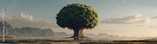 Human brain tree blooming for self care concept. Majestic tree in a serene landscape under a beautiful sky.