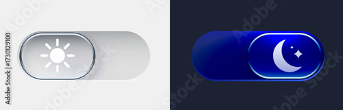 Dark mode and light mode. Modern liquid glass button set. Material design. Day and night mode switch button.