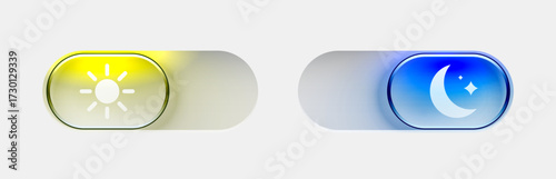 Dark mode and light mode. Modern liquid glass button set. Material design. Day and night mode switch button.