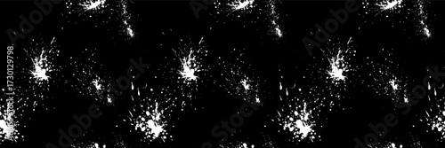 White paint splatter sprinkle seamless pattern. Ink drops and dots on black bg. Vector Halloween horror backdrop. Endless dribble drizzle texture. Halloween wrapping paper. Urban banner template