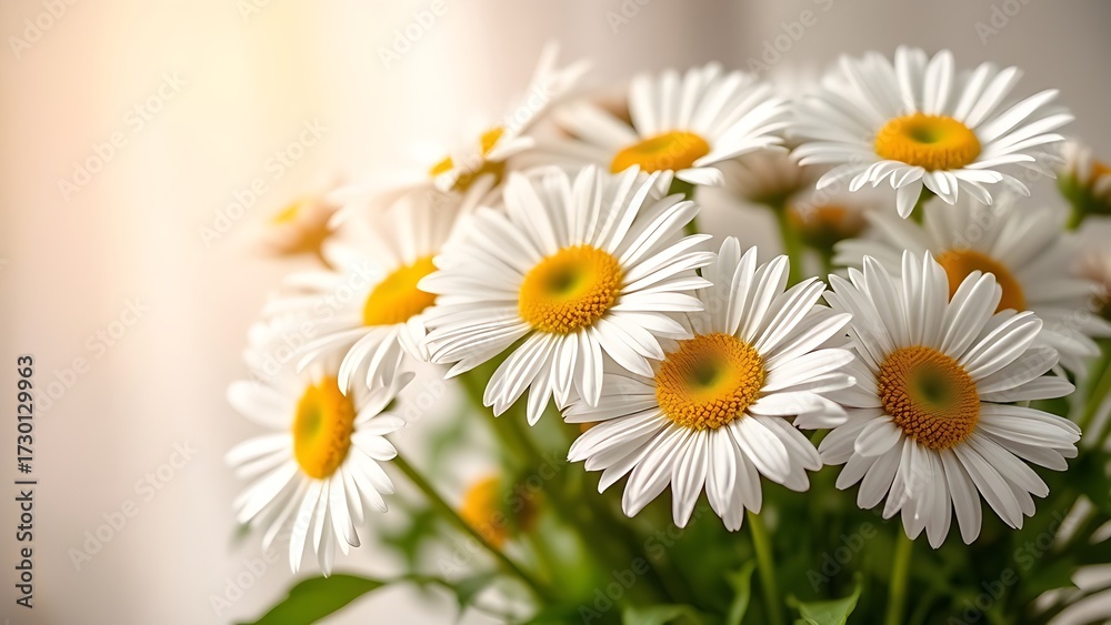 Fototapeta premium Fresh daisy bouquet bathed in soft sunlight, showcasing delicate pastel petals.