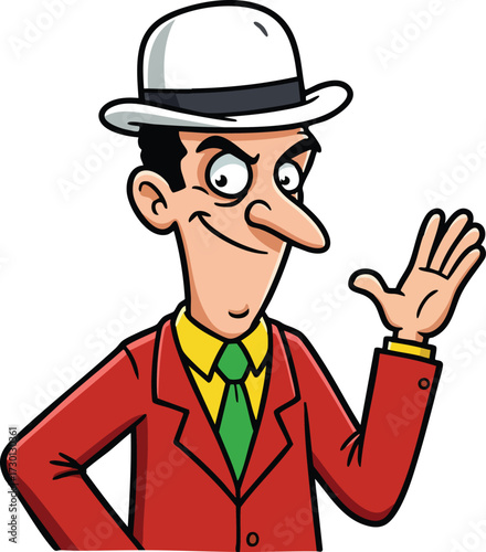Cartoon character man wearing red suit green tie and white hat waving hand vector illustration 