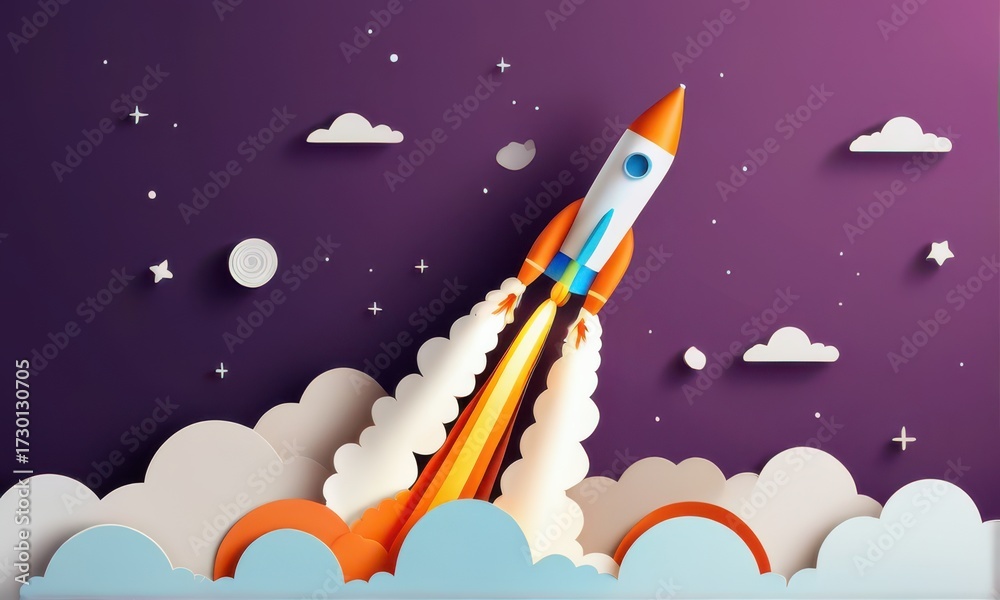 Fototapeta premium Artistic Rocket Launching Through Clouds Against a Purple Sky Background