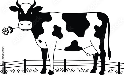 Cow standing in fenced pasture holding flower in mouth simple black and white vector illustration 