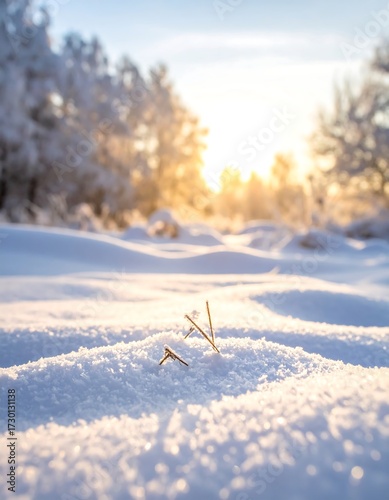 Sunlit winter scene; snow-covered ground with plants peeking through, sun in background