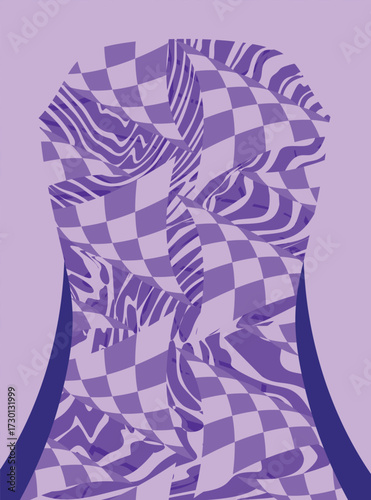 Abstract Psychedelic Portrait with Distorted Checkerboard Patterns in Purple Tones