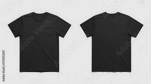 Front and back view of a black tshirt isolated on white background, displaying the details and shape of the clothing item