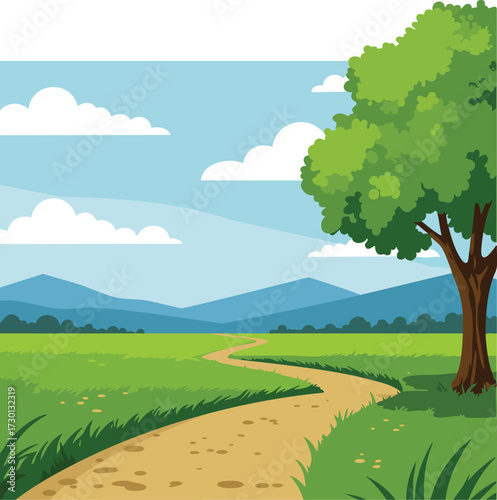 Nature landscape with green tree and winding dirt path under blue sky with clouds vector illustration 