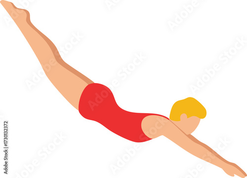 Male swimmer diving in red swimsuit with blonde hair performing athletic water sport vector illustration