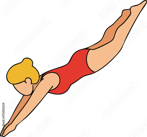 Woman in red swimsuit diving into water with streamlined body and blonde hair vector illustration 
