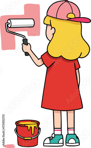 Girl painting wall with roller brush in red dress and pink cap vector illustration 